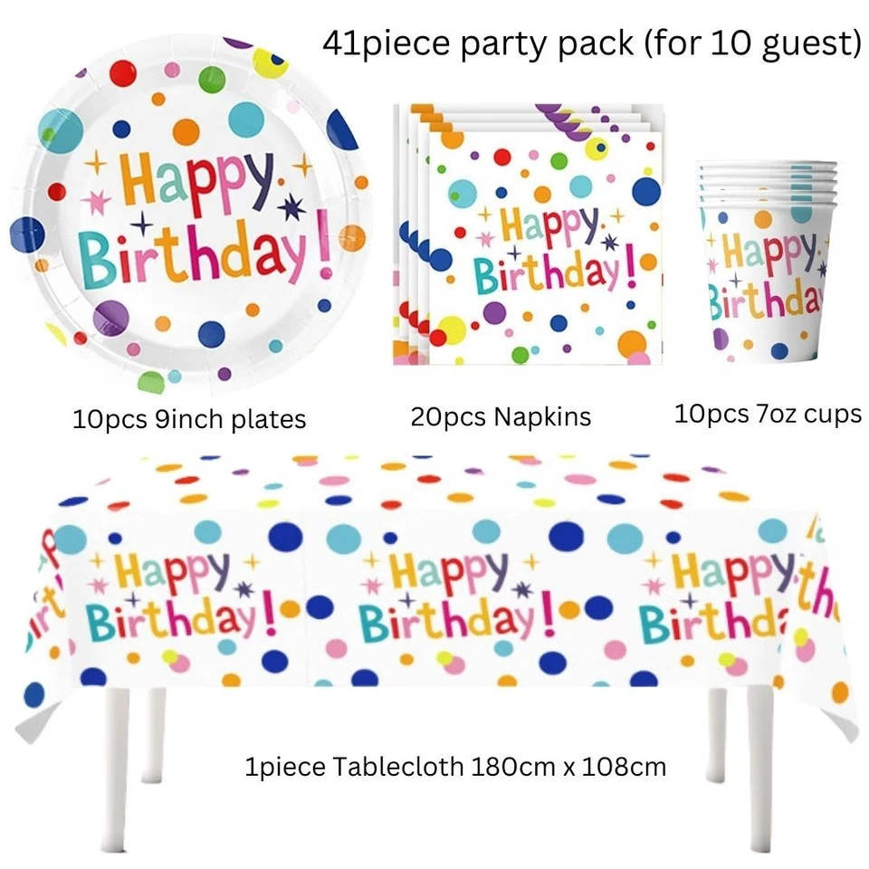 White polka Dots Birthday Printed Tableware set Plates napkins Party Table Cloth