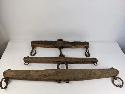 Antique Primitive Single Tree Yoke Horse Ox Mule Harness Hitch Wood Iron Lot x 3 - Image 1 of 4