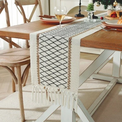 Chic Rustic Geometric Table Runner Tasselled Linen Cotton Table Decoration Gift - Image 1 of 4