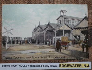 postd 1909 ELECTRIC TROLLEY Terminal & Ferry House, EDGEWATER, NJ Postcard LITHO - Bild 1 von 2