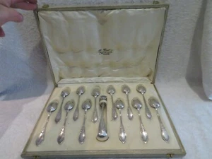Gorgeous 1900 French 950 silver 12 tea spoons & sugar tongs Louis XVI st - Picture 1 of 10