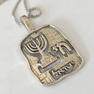Men Chai Silver Necklace Menorah Israel Hebrew Sterling 925 Rhodium Gift Box 19"