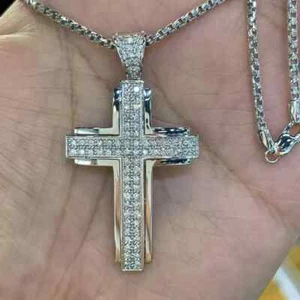Men's 2.80Ct Round Cut Lab-Created Stylish Medium Cross Pendant 14K White Gold - Picture 1 of 5
