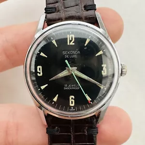 RARE SEKONDA DE LUXE 2209 VOSTOK MILITARY Black dial USSR Watch Soviet Vtg Strap - Picture 1 of 13