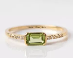 Peridot 14K Gold Ring, Halo Engagement Ring, Natural Peridot, Emerald Cut - Picture 1 of 3