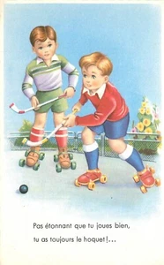 Postcard 1950s Artist Roller skate Boys hockey game comic humor 23-149 - Picture 1 of 2