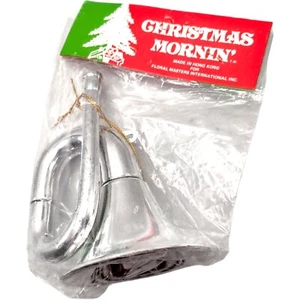 Ornamento corno francese argento lucido mattinata Natale vintage anni 70 nuovo in confezione - Foto 1 di 8