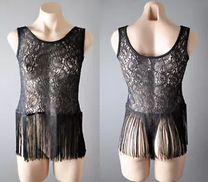 Canottiera nera da donna sera pizzo zingara hippie indie boho frange S M L - Foto 1 di 7