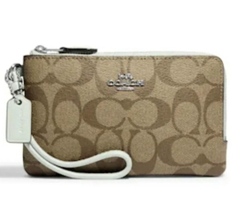 Nuovo autentico COACH braccialetto portafoglio con cerniera doppio angolo firmato PELLE cachi