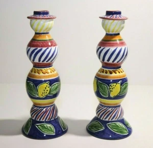 Mexican Pottery Hand Painted Candlestick Holder Pair Colorful Lemon Pattern - Picture 1 of 5