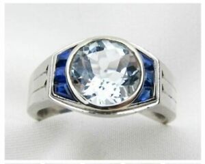 2Ct Round Diamond & Sapphire Men's Bezel Set Engagement Ring 14K White Gold Over