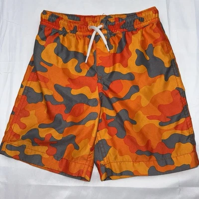 Lands' End Boys Swim Trunks Orange Black Camouflage Mesh Pocket Drawstring 6/7 - Image 1 of 4