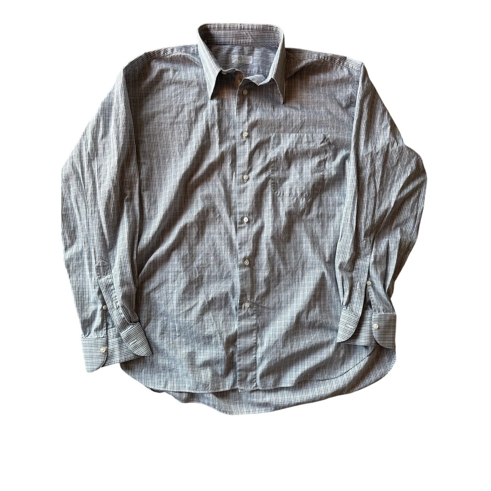 Luigi Borrelli 意大利制造 16.5 100% 棉蓝色和棕褐色格子礼服衬衫 — 第 1/4 张图片