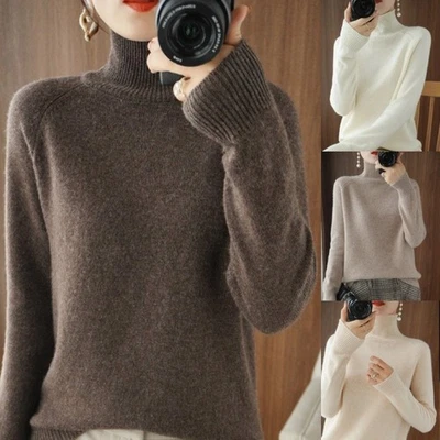 Women Autumn Winter Turtleneck Sweater Slim Solid Knitted Cashmere Pullover UK - Image 1 of 4