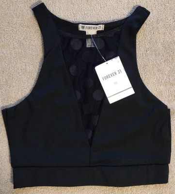 Sujetador deportivo Forever 21 talla pequeña negro cuello alto malla frontal grandes puntos suizos Foto 1 de 4
