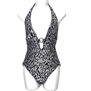MICHAEL Michael Kors Black Silver Chain-Ring Halter One-Piece Swimsuit size 14 - Picture 1 of 15