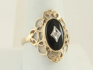 10k Yellow Gold Onxy Cabochon & Diamond Filigree Ring Size 10.25 - Picture 1 of 12
