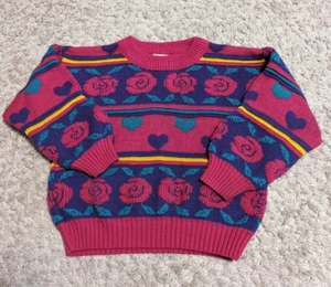 Vintage Carters Girls Floral Sweater Sz 5 6 Roses Hearts 90s Y2K Colorblock Pink - Picture 1 of 7