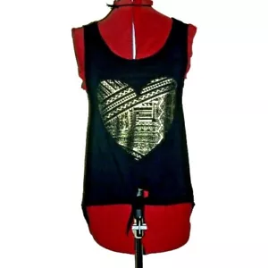 Damned Delux size 12 black jersey & chiffon gold heart sleeveless hi-lo blouse - Picture 1 of 10