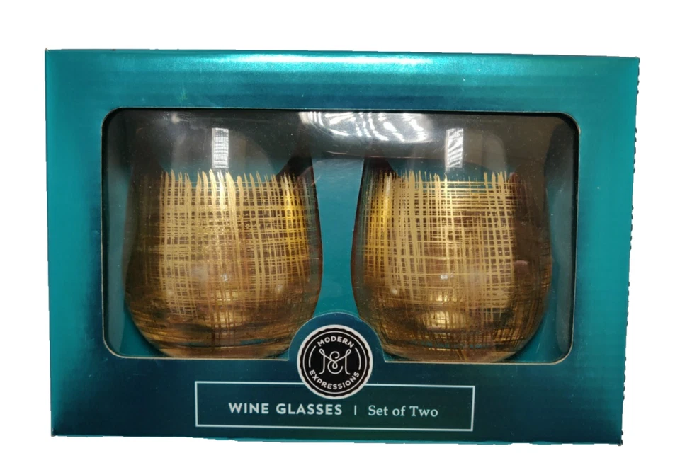 Juego de 2 copas de vino sin tallo de hoja dorada Modern Expressions caja abierta Foto 1 de 1