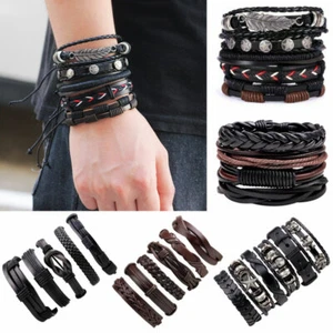 5/6pcs Fashion Mens Punk Leather Wrap Braided Wristband Cuff Bangle Bracelet New - Picture 1 of 35