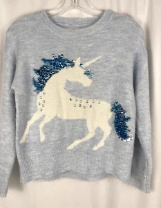 Justice Girl's Blue w/White Unicorn Sweater w/Reversible Sequins, Size 8 - Picture 1 of 8