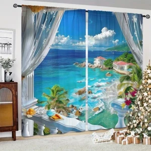 2Pcs Nature Ocean Beach Sky Window Curtains Drapes Bedroom Living Room Kitchen - Picture 1 of 17