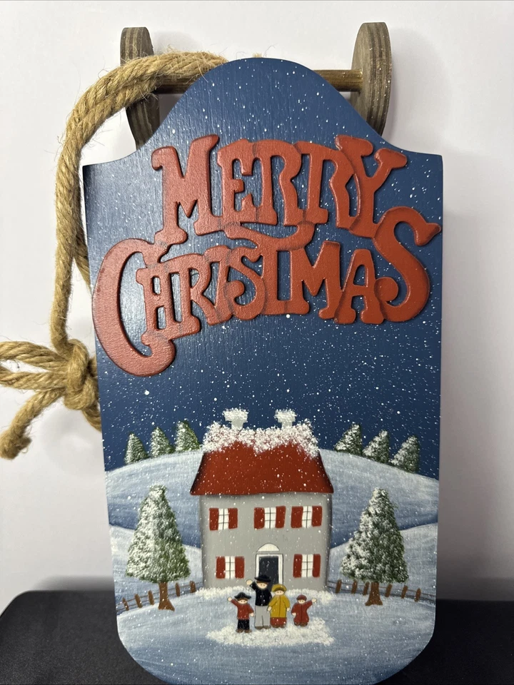 MADERA PINTADA A MANO TRINEO/TRINEO DECORACIÓN PARED 14 X 6 INVIERNO PAÍS Amish Navidad Foto 1 de 4