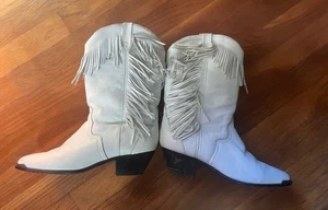 Vintage ACME Cowboy boots Women Cowgirl White Fringe 80s Line Dance Size 8 10” - Picture 1 of 18