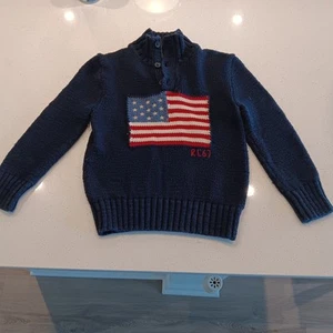 Polo Ralph Lauren Navy USA Flag Knit Sweater Boys 1/4 Button Up Size 6,Pre-Owned - Picture 1 of 20
