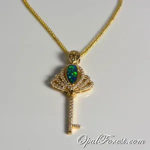 18K Gold Key Style Pendant Australian Opal Bright Blue MultiColor Necklace Chain - Picture 1 of 1