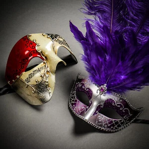 Red Phantom Full Face Musical & Purple Mardi Gras Tall Feather Couple Masks - Picture 1 of 12