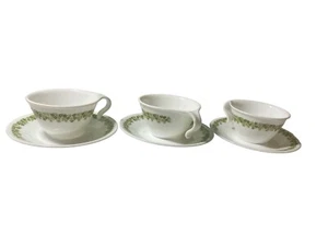 Green Spring Blossom Crazy Daisy Corning Pyrex Cups and Corelle Saucers 3 sets - Picture 1 of 7