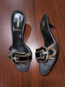 Fendi Black Orange Buckle Patent Leather Slides Sandals 35 1/2 B - Picture 1 of 5