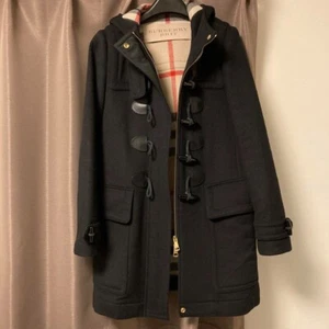 BURBERRY BRIT Duffle Coat Black Wool Hooded Nova Check Lining Women's Size uk4 S - Picture 1 of 7