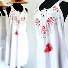 Nwt Raya Sun White Boho Embroidered Tassel Neon Trim Cover Up Sun Dress Size L