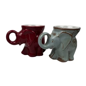 Set of 2 Vintage Frankoma Elephant Mugs Red 1984 Blue 1978 Ceramic Drinkware - Picture 1 of 13