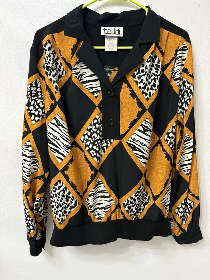 Teddi Women’s Size Large Blouse Pullover Animal Print Diamond Pattern Foto 1 de 4