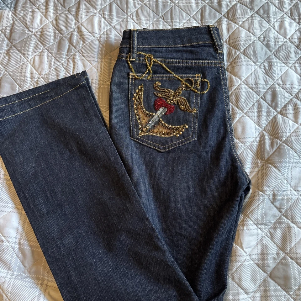 Pantalones de mezclilla para mujer An for Me embellecidos a mano bootcut dorado rojo talla 30 cintura Foto 1 de 4