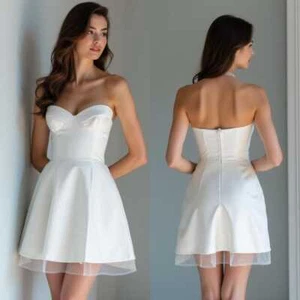Strapless Mini White Wedding Dress with Sheer Hem Short Bridal Reception Dress - Picture 1 of 10