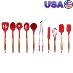 10 Piece Silicone Kitchen Utensils Set W/ Wood Handles Cooking Baking Tools Red - Picture 1 of 15