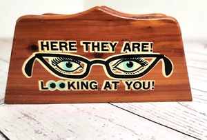 Wooden Eye Glasses Holder Here They Are Looking at You Wood Vtg - Picture 1 of 8