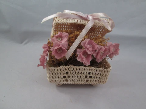 Crochet Miniature Box Basket Lid Trunk Doll Size Stiffened Silk Pink Flowers Cover