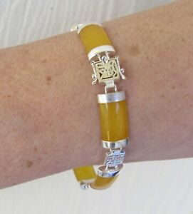 Sterling Silver Chinese Characters Good Fortune Yellow Jade 6 Link Bracelet