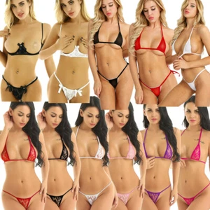 Sexy Women's Lingerie Set Mesh Lace Open Cup Shelf Bra Thong Babydoll Sleepwear - Picture 1 of 66