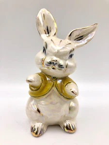 Iridescent Porcelain Bunny Rabbit Figurine Vintage White Yellow Jacket Gold Trim - Picture 1 of 11