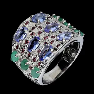 Estate 925 Anello Argento Tanzanite Smeraldo Rodolite Gemma Misura 8.5 - Foto 1 di 14