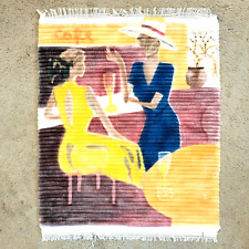 ART DECO Ladies at Cafe Hand Painted Rug Wall Hanging Tapestry Art Fringed