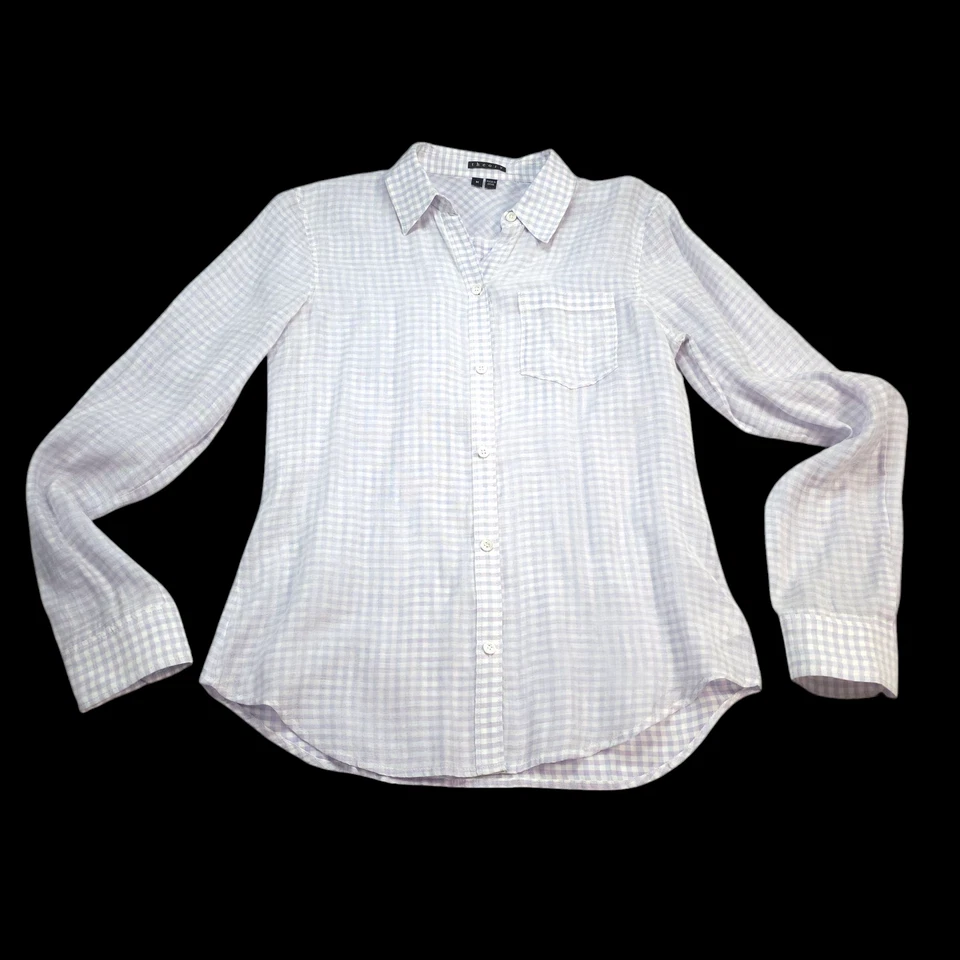 Theory 纽扣衬衫女式 M 码格子白色紫色纱棉丝绸混纺 — 第 1/4 张图片