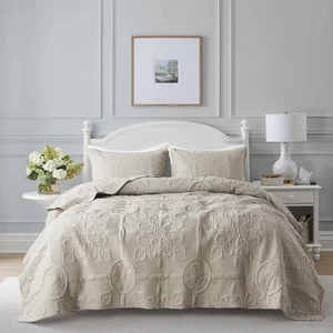 Juegos de cama edredón damasco beige tamaño king con 2 fundas de almohada, colcha boho... - Imagen 1 de 7